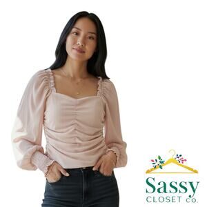 ASTR Blush Pink Ruched Puff Sleeve Top Smocked Back Ruffle Detail Women’s M EUC